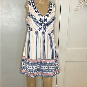 Sleeveless White and Blue Embroidered Dress